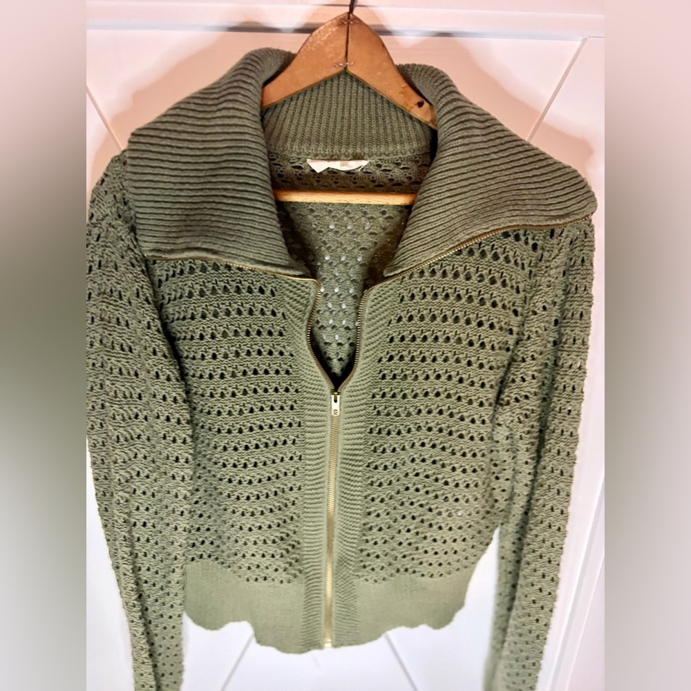 Doe and Rae Cherished Moment Open Knit Zip Up Cardigan Olive Size Large - Picture 6 of 9